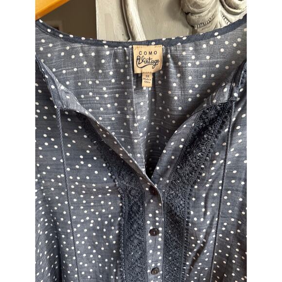 Women’s Blouse Sz 3X Boho Peasant Flowy Top Blue & White Polka Dot 3/4 Sleeve - Picture 2 of 6